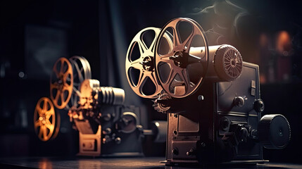 A movie projector and film reels on a dark background. Cinema concept. Generative Ai