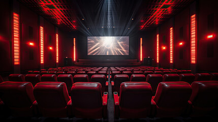 Cinema interior of movie theatre with empty red and black seats with copyspace on the screen and glow on edge. Generative Ai
