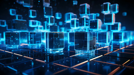 Fototapeta premium Technology blue cubes particles. abstract baxkground