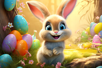 Enchanting Easter Bunny with Bright Eyes and Colorful Eggs - AI Generated