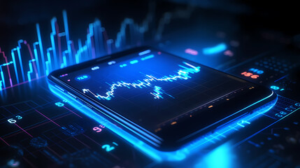 Stocks trading, graphics down on the smartphone, blue graphics