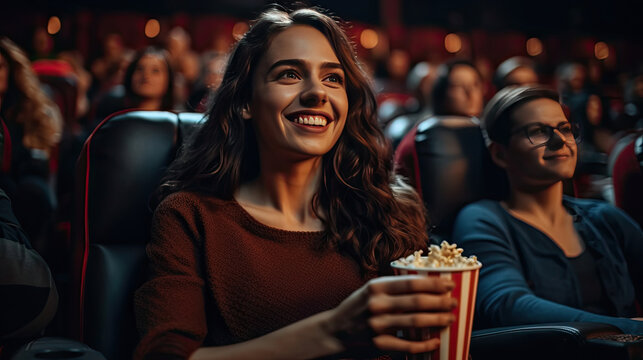 Young woman with friends watching movie in cinema and laughing with popcorns and drinks. Cinema concept. Generative Ai