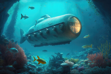 Submarine explores the depths of the ocean, coral reef, illustration generative AI