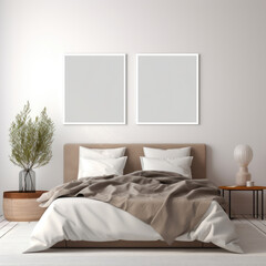 Wall art mockup. Wall art in bedroom. Two frames with borders. Bedroom interior background. Empty mockup frame
