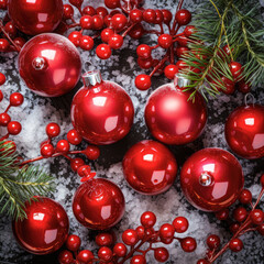 Christmas tree flat lay background, coniferous tree branches on snow with Christmas decorative balls. Fir and pine branches with copy space.