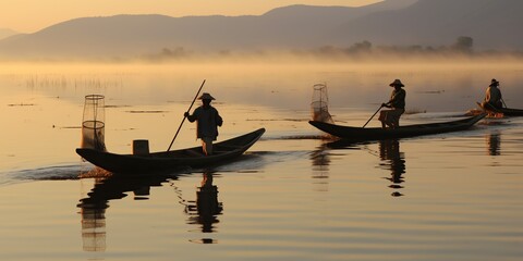 Myanmar Inle people fishing at sunset