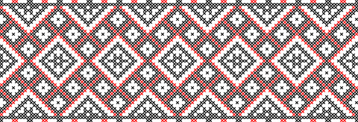 Vector illustration of Ukrainian ornament in ethnic style, identity, vyshyvanka, embroidery for print clothes, websites, banners. Background. Geometric design, border, copy space, frame