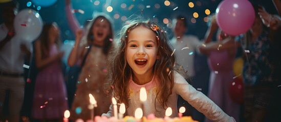 A smiling baby girl on her birthday is sitting happy in front of a cake with candles.