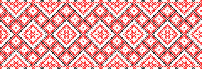 Vector illustration of Ukrainian ornament in ethnic style, identity, vyshyvanka, embroidery for print clothes, websites, banners. Background. Geometric design, border, copy space, frame