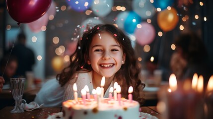A smiling baby girl on her birthday is sitting happy in front of a cake with candles.