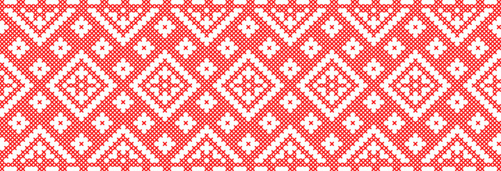 Vector illustration of Ukrainian ornament in ethnic style, identity, vyshyvanka, embroidery for print clothes, websites, banners. Background. Geometric design, border, copy space, frame