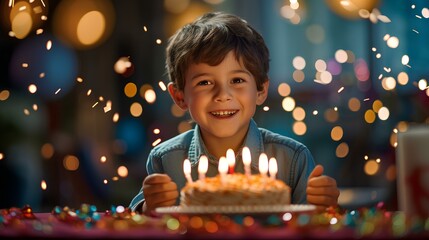 A smiling boy on his birthday is sitting in front of a cake with candles.