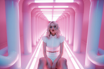 Young fashionable woman on a neon colors hallway with white pipes, in the style of glitch aesthetic, retrowave pink light