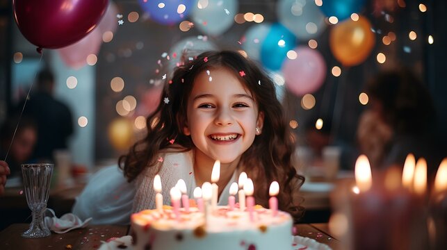 A smiling baby girl on her birthday is sitting happy in front of a cake with candles.