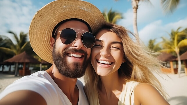 Selfie picture of a young happy couple outside on vacation , handsome boyfriend and beautiful girlfriend having fun on summer holiday