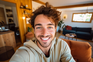 Selfie picture of a happy young handsome millennial man smiling at the camera in the living room in a modern home