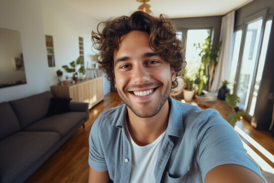 Selfie Picture Of A Happy Young Handsome Millennial Man Smiling At The Camera In The Living Room In A Modern Home