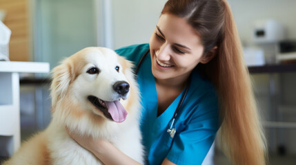 Young female veterinarian taking care of her dog patient , woman vet