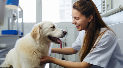 Young female veterinarian taking care of her dog patient , woman vet