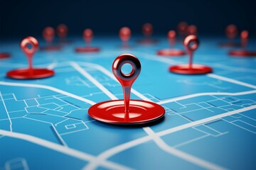 3D render. Red locator and blue pin symbolize map search