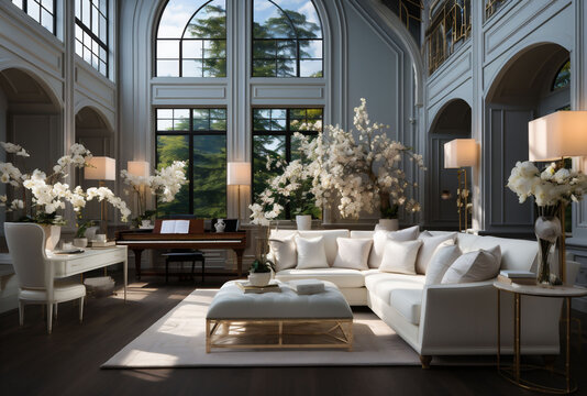 A bil luxury contemporary home office interior with white furniture. Copy space