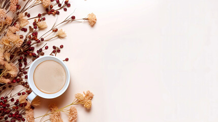 Obraz na płótnie Canvas コーヒー豆と花とコーヒーの背景
