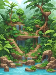 Jungle cartoon landscape. AI generated illustration