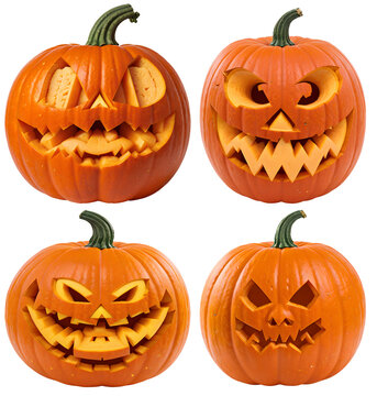 collection of halloween pumpkins with a face - Jack o Lantern - isolated on transparent background cutout - png - mockup for design - image compositing footage - alpha channel - horror - fall - autumn