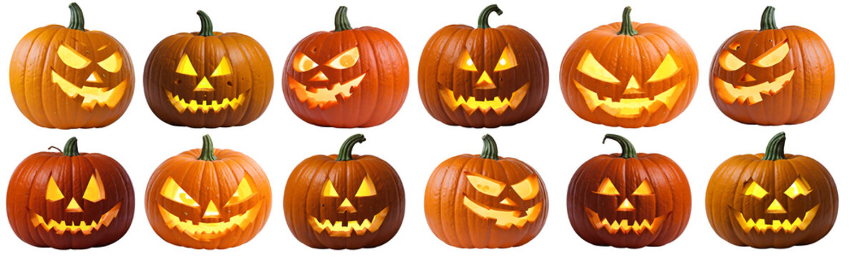 collection of halloween pumpkins with a face - Jack o Lantern - isolated on transparent background cutout - png - mockup for design - image compositing footage - alpha channel - horror - fall - autumn