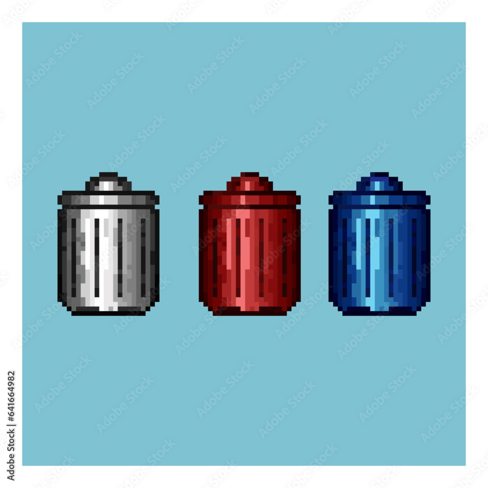 Poster pixel art sets of trash can with variation color items asset. white,red,and blue trash can on pixela