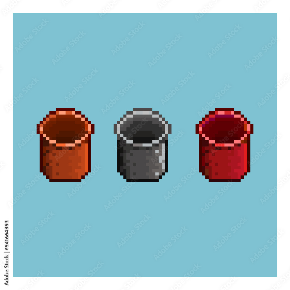 Poster pixel art sets of trash can with variation color items asset. orange,black,red trash can on pixelate