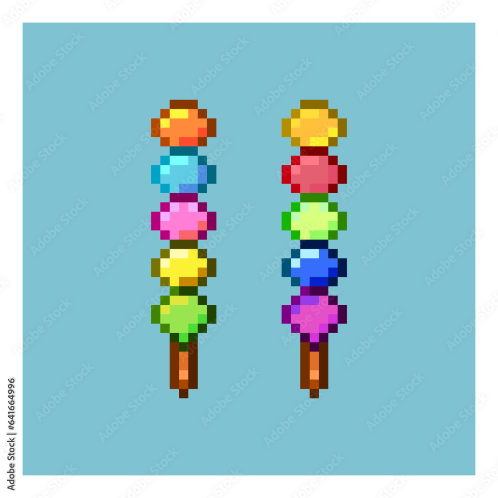 Poster pixel art sets of rounded cake food with variation color items asset on pixelated style.8bits perfec