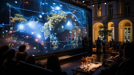 Big screen with world map hologram and people at conference hall
