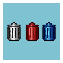 Pixel art sets of trash can with variation color items asset. white,red,and blue trash can on pixelated style.8bits perfect for game asset or design asset element for your game design asset.