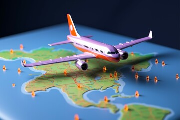Airplane travel GPS navigation, 3D world map icon with pins