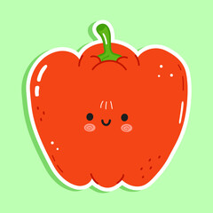 Cute funny red bell pepper sticker character. Vector hand drawn cartoon kawaii character illustration icon. Isolated on green background. Red bell pepper character concept
