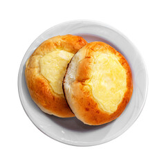 two dumplings with cottage cheese in a white plate, isolated from the background