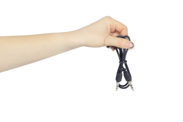 TRRS audio jack, aux cable in hand isolated from background, concept to pass or throw away