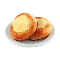 two dumplings with cottage cheese in a white plate, isolated from the background