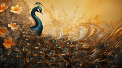 Pav&atilde;o decorativo  e muito estilizado pintado a ouro e prata.