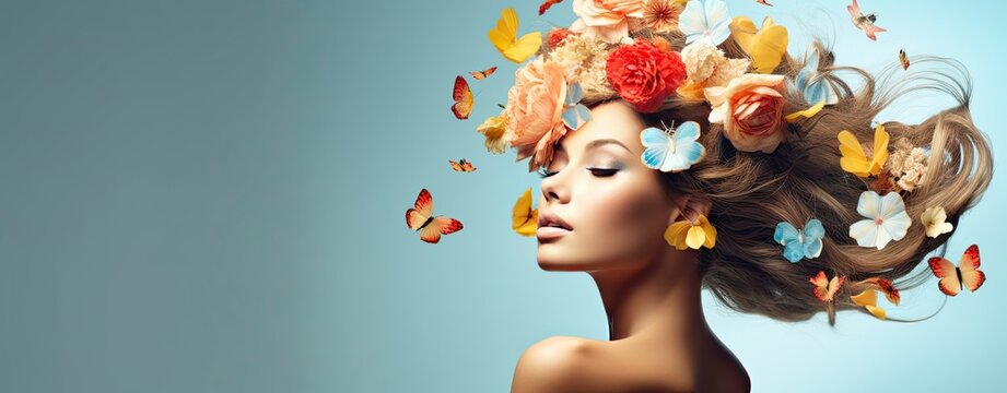 Beautiful mixed race woman with flowers and butterflies around her head, beauty and renovation concept