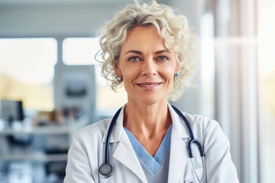 Confident Doctor Woman In A White Medical Coat With Stethoscope Around Her Neck Looking At The Camera. Middle Aged Senior Female Professional, Mature Lady.