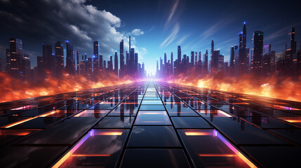 3D illustration of futuristic city at night with neon lights and reflections - obrazy, fototapety, plakaty