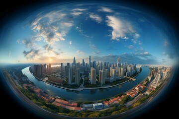 Fototapeta na wymiar Horizon spanning scene. 360 degree cityscape panorama engulfs with sky backdrop