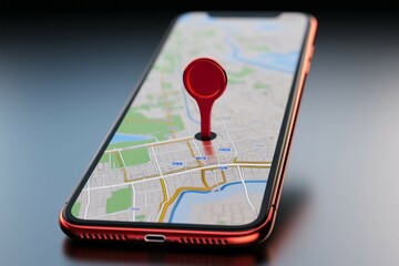 Map guidance on 3D smartphone render with prominent red pointer