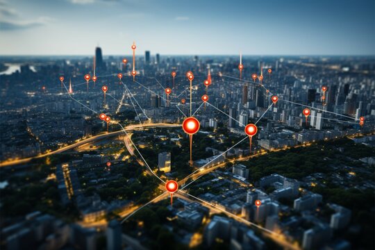 Navigation icons unite cityscape and search locations in a network