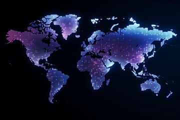 Fototapeta na wymiar Neon effect world map created from dots, symbolizing globalization