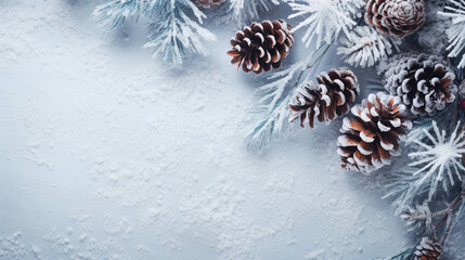 Frosty Pine Cones and Berries Merry Christmas Background, with copy space