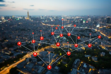 Network connection map pin in a cityscape, symbolizing location search