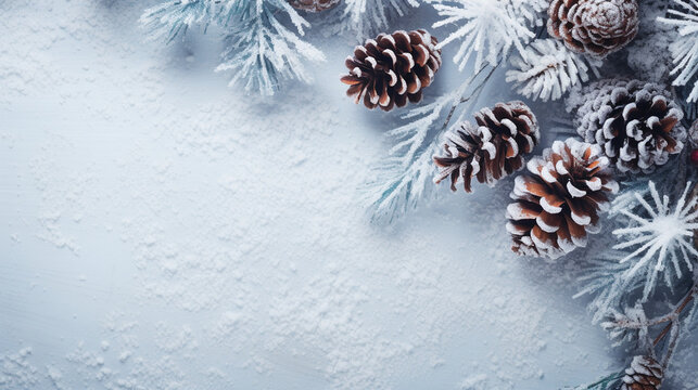 Frosty Pine Cones and Berries Merry Christmas Background, with copy space